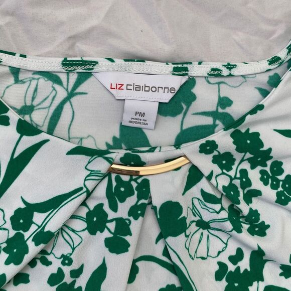 Liz Claiborne Early 2000's Whimsical White Green Gold Metal Neck Floral Blouse M - Picture 2 of 5